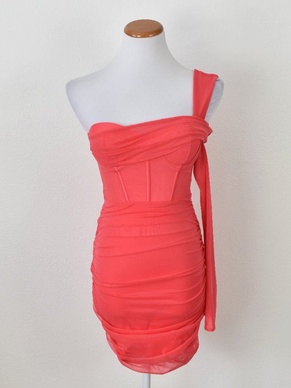 Oh Polly One For You Mesh Asymmetric Off Shoulder Mini Dress Pink - 2